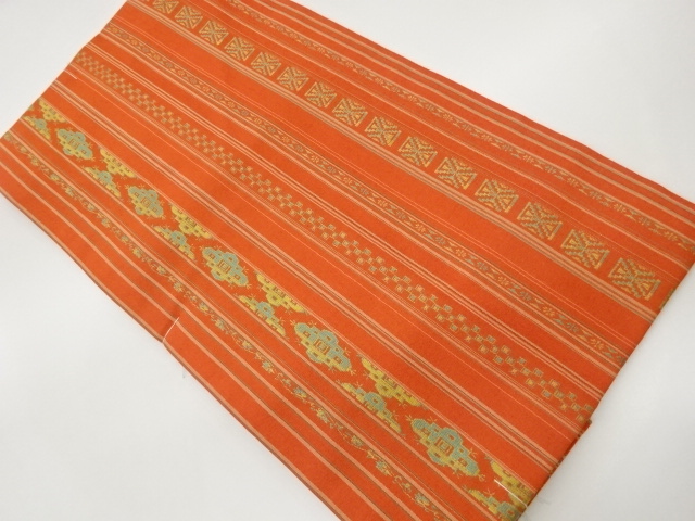 未使用品　縞に幾何学模様織出し名古屋帯